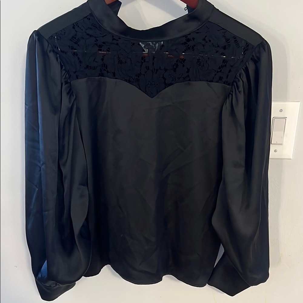 Nicole Miller Black Puff Sleeve Blouse with Mandarin Collar